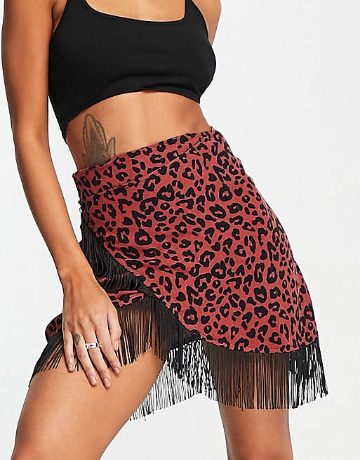  Trendyol wrap front mini skirt in animal with fringing 