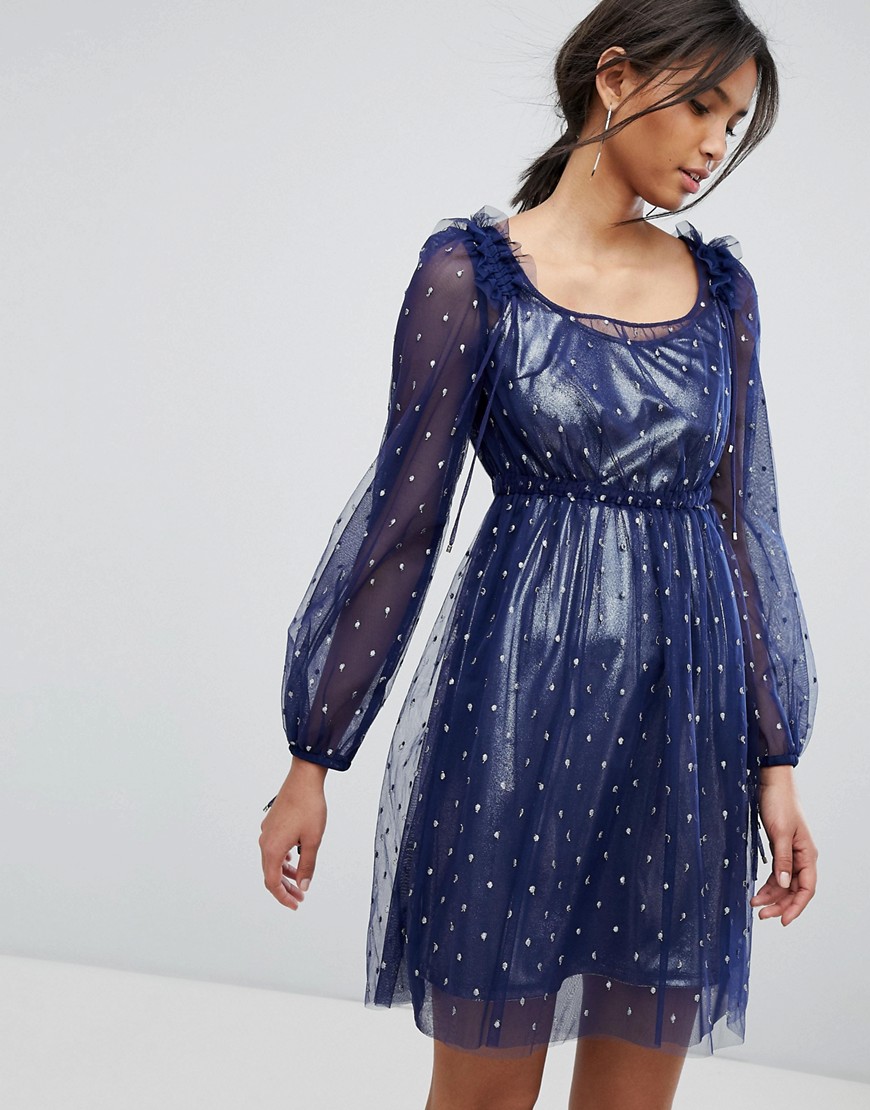 Tresophie – Silverfärgad klänning med glitterdesign och rynkning-Blå