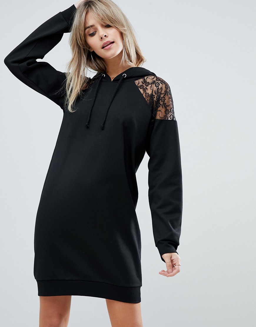 фото Трикотажное платье-худи с кружевной отделкой asos design-черный