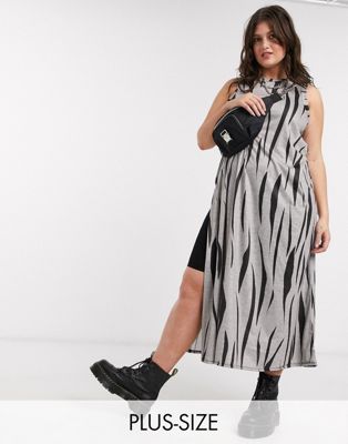 фото Трикотажное платье макси с принтом "зебра" и разрезами до бедра another reason plus-серый