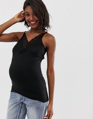 фото Трикотажный топ на бретельках для беременных с кружевной отделкой mamalicious-черный mama.licious