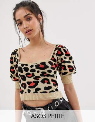 фото Трикотажный топ с леопардовым рисунком и пышными рукавами asos design petite-мульти asos petite