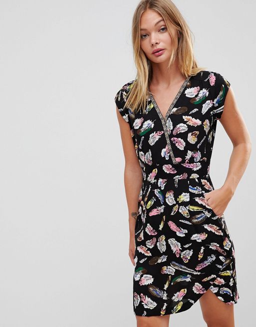 Trollied Dolly Crossover Dress In Feather Print | ASOS