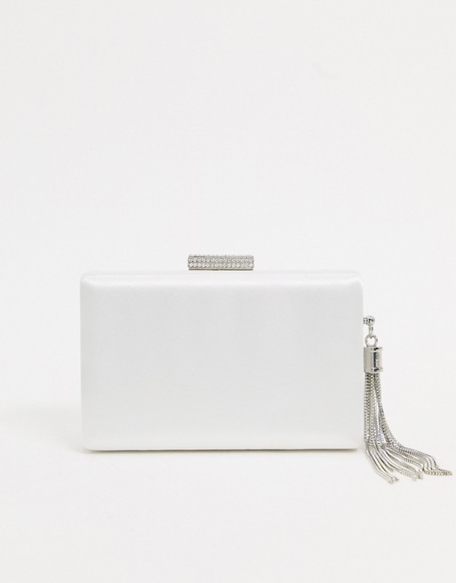 True Decadance clutch bag in white satin with silver chain tassel