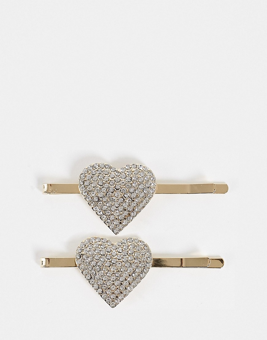 True Decadence 2-pack rhinestone heart hair clips in gold