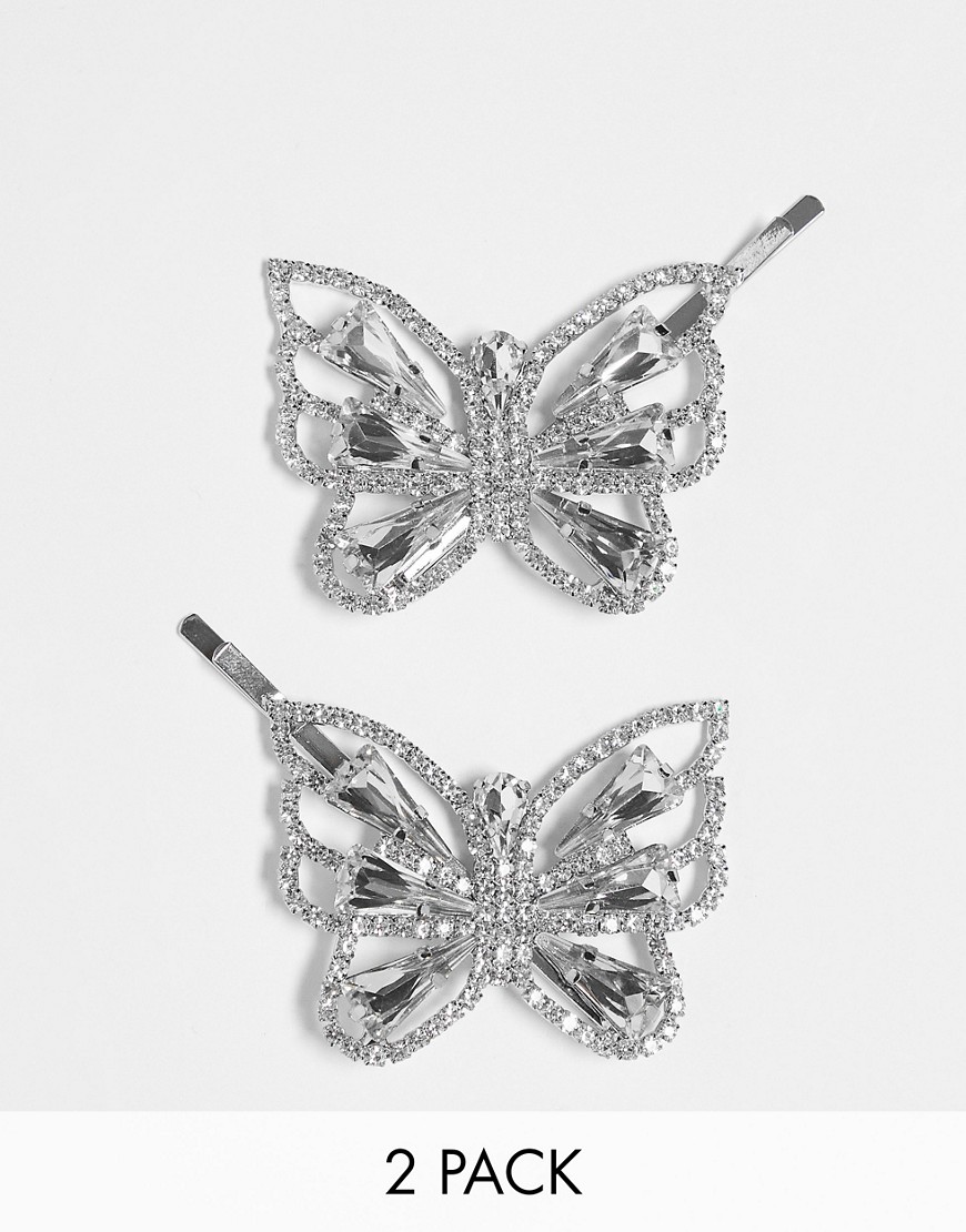 2-pack statement crystal butterfly shape hair grips-Silver