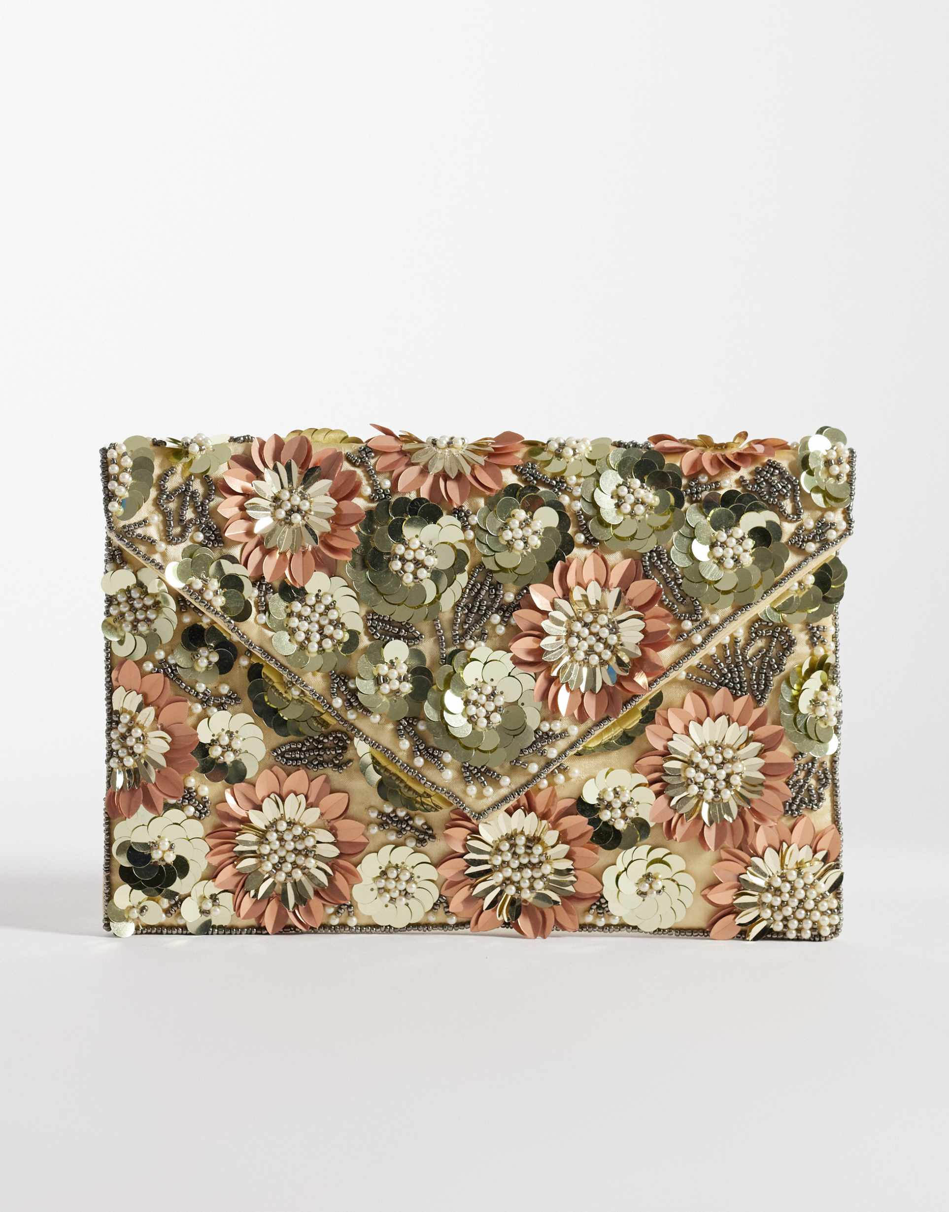 true decadence 3d flower embellished clutch bag in green and pink