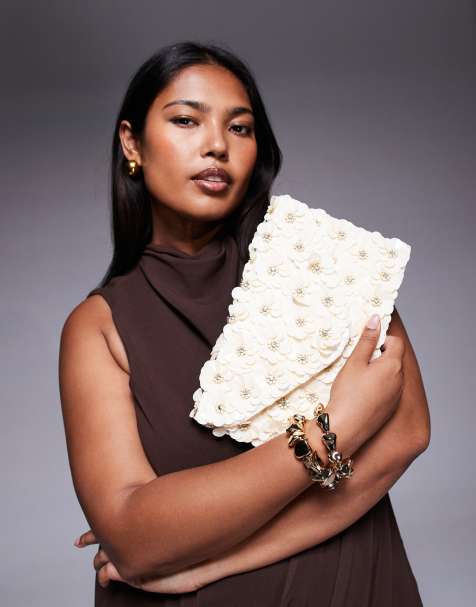 True Decadence 3D flower embellished envelope clutch bag with crossbody strap in off white - view 1