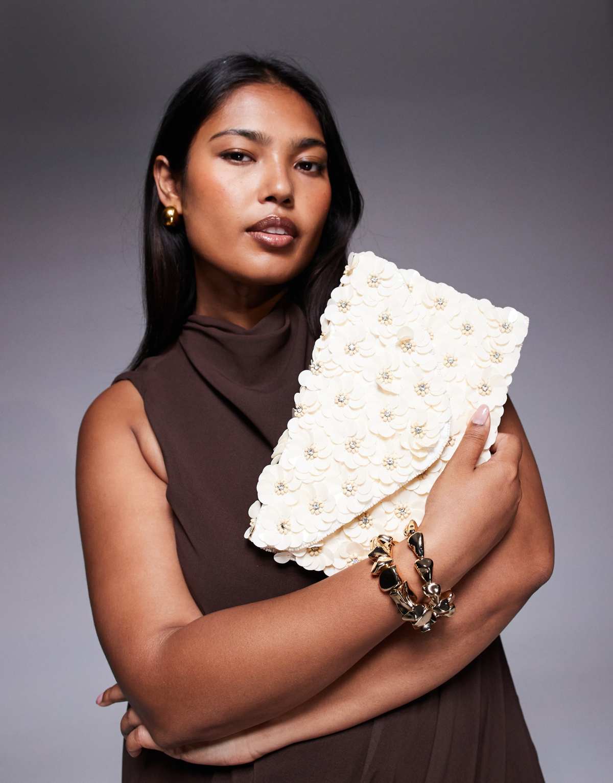 True Decadence 3D flower embellished envelope clutch bag with crossbody strap in off white