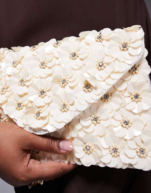 True Decadence 3D flower embellished envelope clutch bag with crossbody strap in off white, 4 of 4