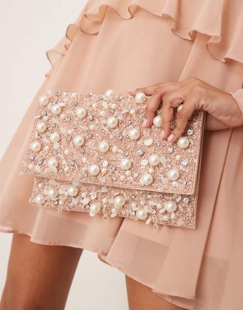 True Decadence all over pearl and sequin embellished envelope clutch bag in white - view 1