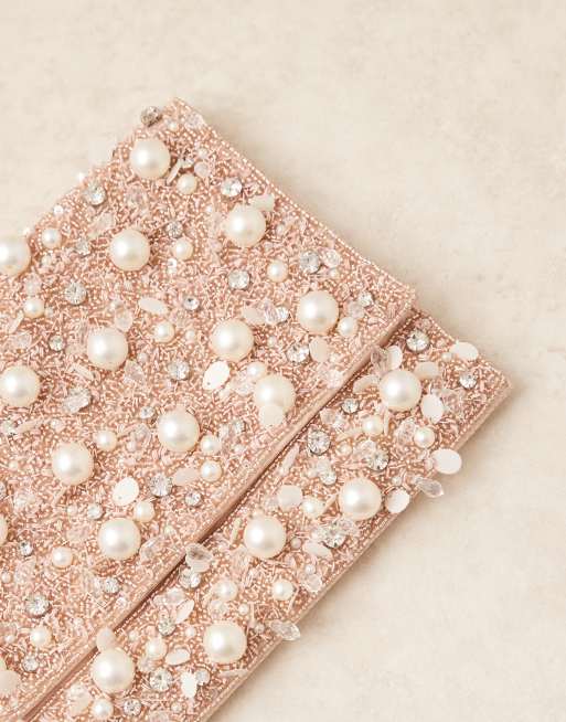True Decadence all over pearl and sequin embellished envelope clutch bag in white, 3 of 4