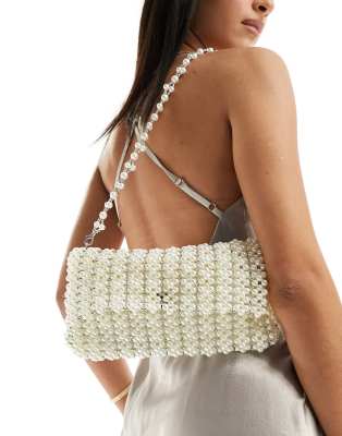 True Decadence True Decadence all over pearl foldover shoulder bag in silver-White