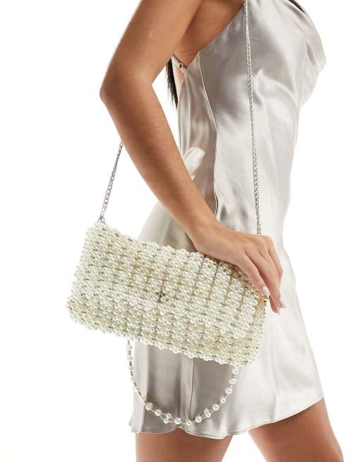 True Decadence all over pearl foldover shoulder bag in silver, 4 of 4