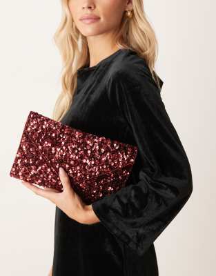 True Decadence True Decadence all over sequin envelope clutch bag in burgundy-Red