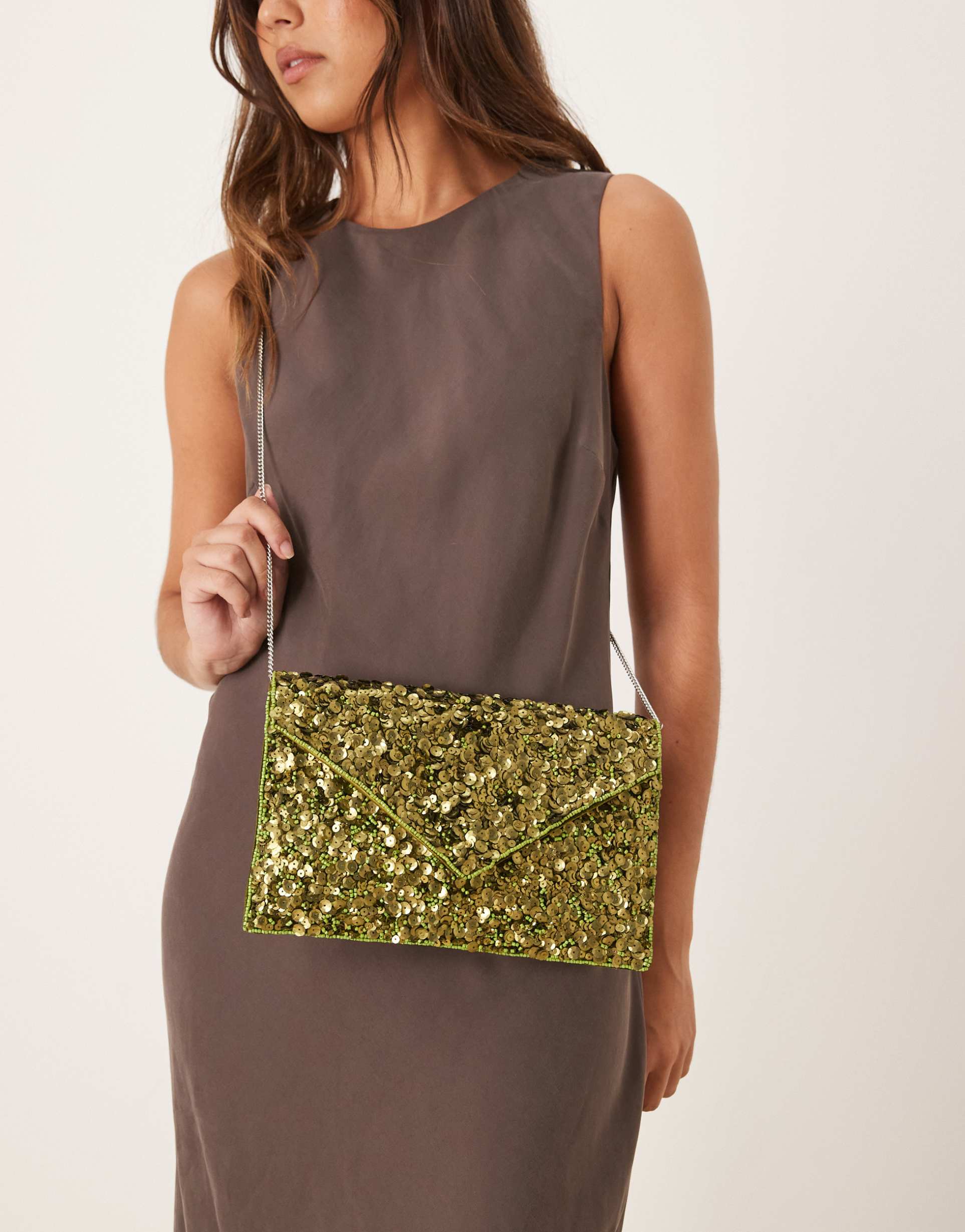 true decadence all over sequin envelope clutch bag in green