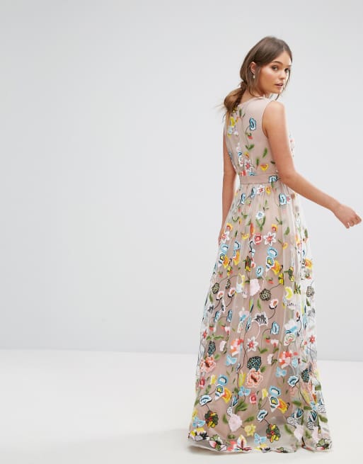 True Decadence All Over Embroidered Floral Maxi Dress In Metallic