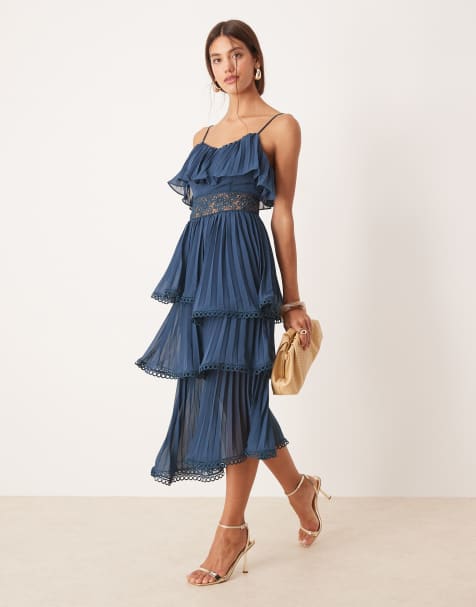 True Decadence Asymmetric tiered skirt midi dress in petrol blue