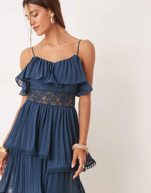 true decadence blue dress Amelia Blue Applique Floral Bardot Midaxi Skater Dress