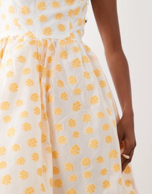 True Decadence Bandeau midi dress in cream mustard jacquard, 2 of 4