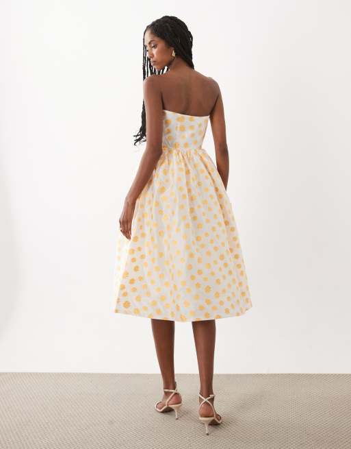 True Decadence Bandeau midi dress in cream mustard jacquard, 4 of 4