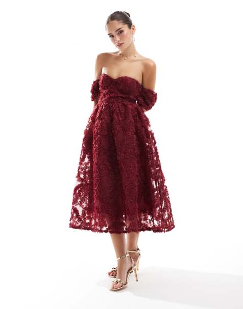 True Decadence Bardot bust cup midi dress in burgundy