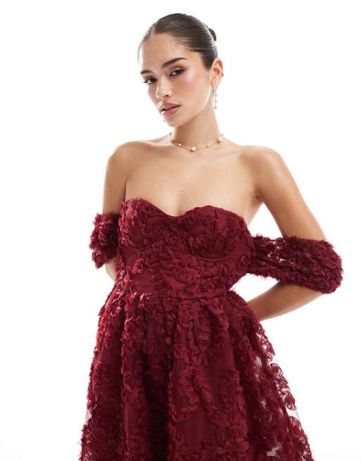 True Decadence Bardot bust cup midi dress in burgundy, 2 of 4