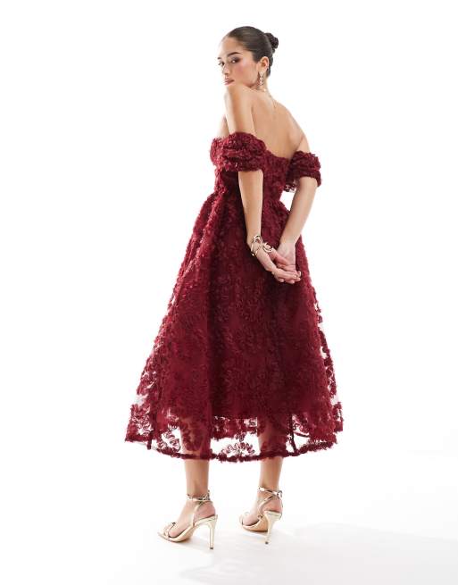 True Decadence Bardot bust cup midi dress in burgundy, 4 of 4