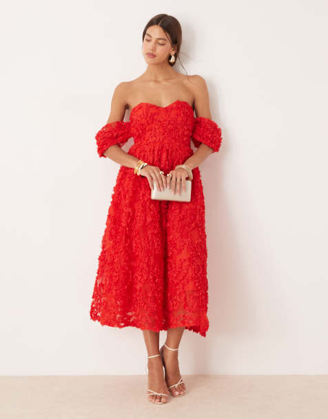 True Decadence Bardot midi dress with gathered sleeves in red - view 1