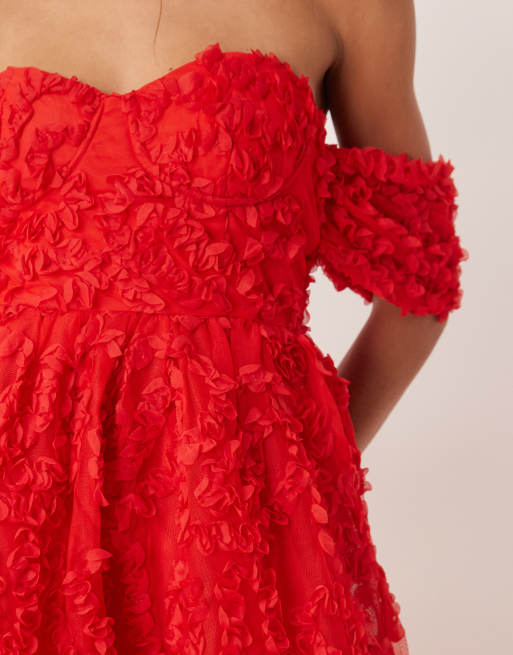 True Decadence Bardot midi dress with gathered sleeves in red, 2 of 4