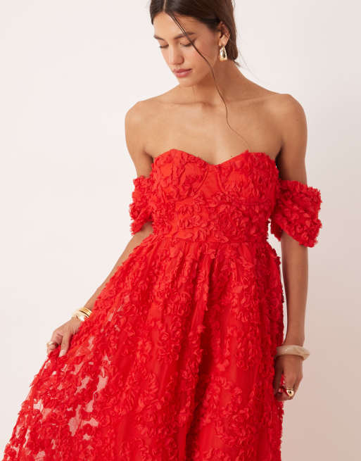 True Decadence Bardot midi dress with gathered sleeves in red, 3 of 4