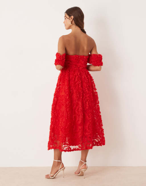 True Decadence Bardot midi dress with gathered sleeves in red, 4 of 4