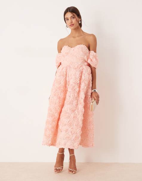 True Decadence Bardot midi dress with gathered sleeves in soft peach