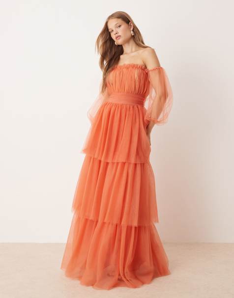 True Decadence Bardot tiered maxi dress in soft rust