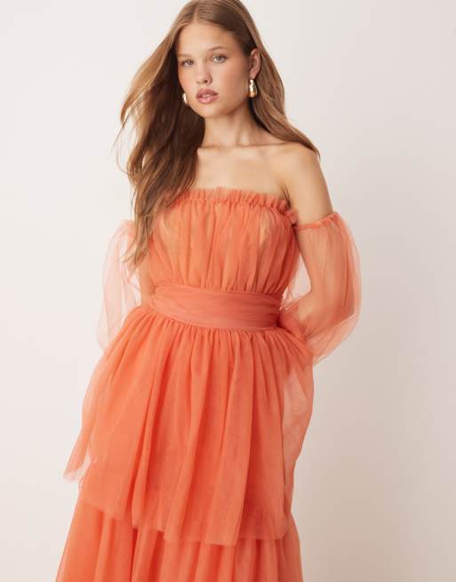 True Decadence Bardot tiered maxi dress in soft rust, 2 of 4