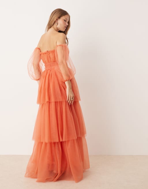 True Decadence Bardot tiered maxi dress in soft rust, 3 of 4