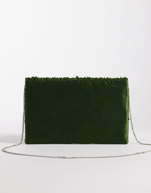 True Decadence bead fringe envelope clutch bag in olive green , 4 of 4