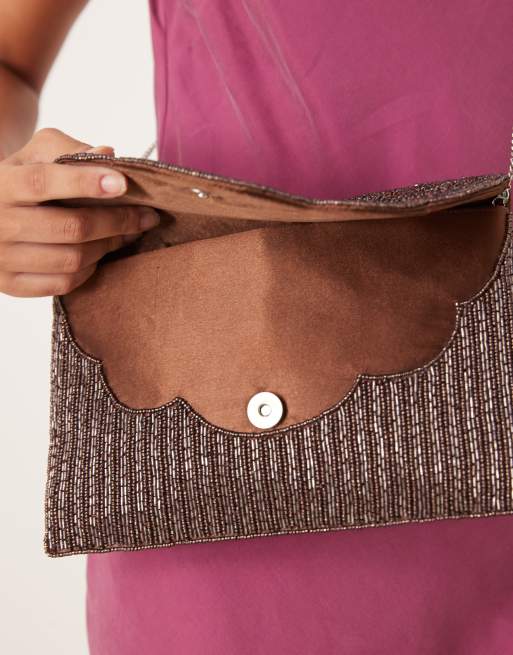 True Decadence beaded clutch bag in chocolate brown 