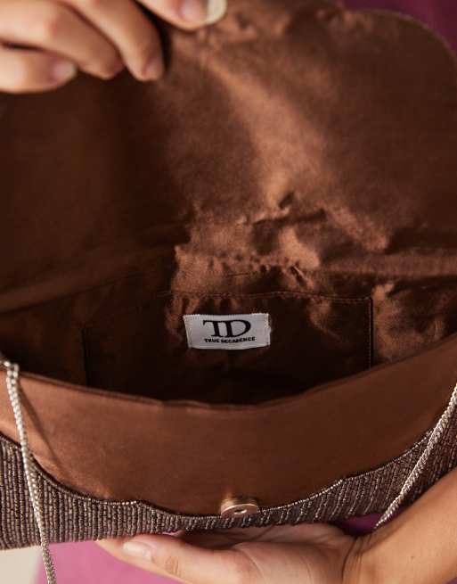 True Decadence beaded clutch bag in chocolate brown 