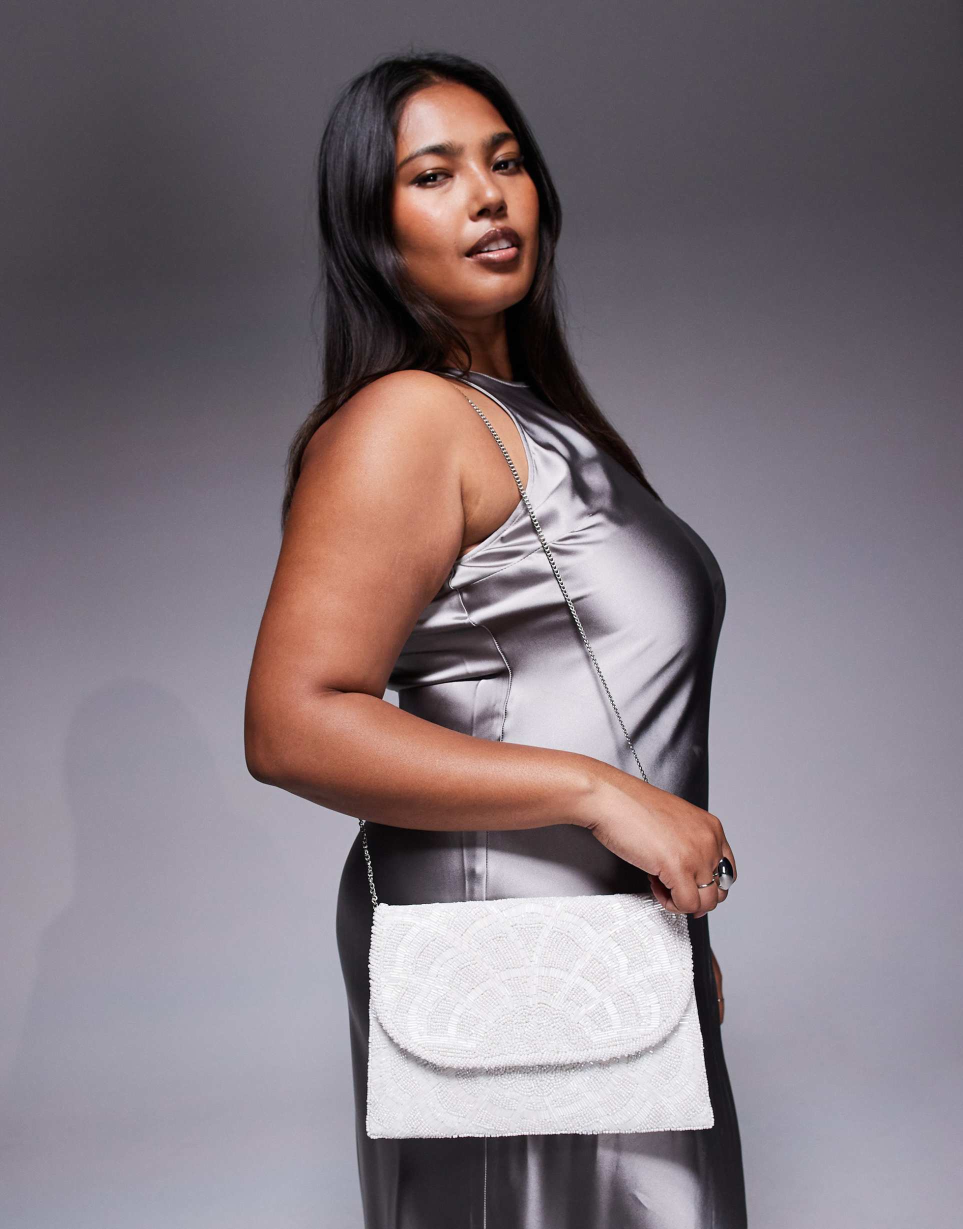 true decadence beaded clutch bag with crossbody strap in white