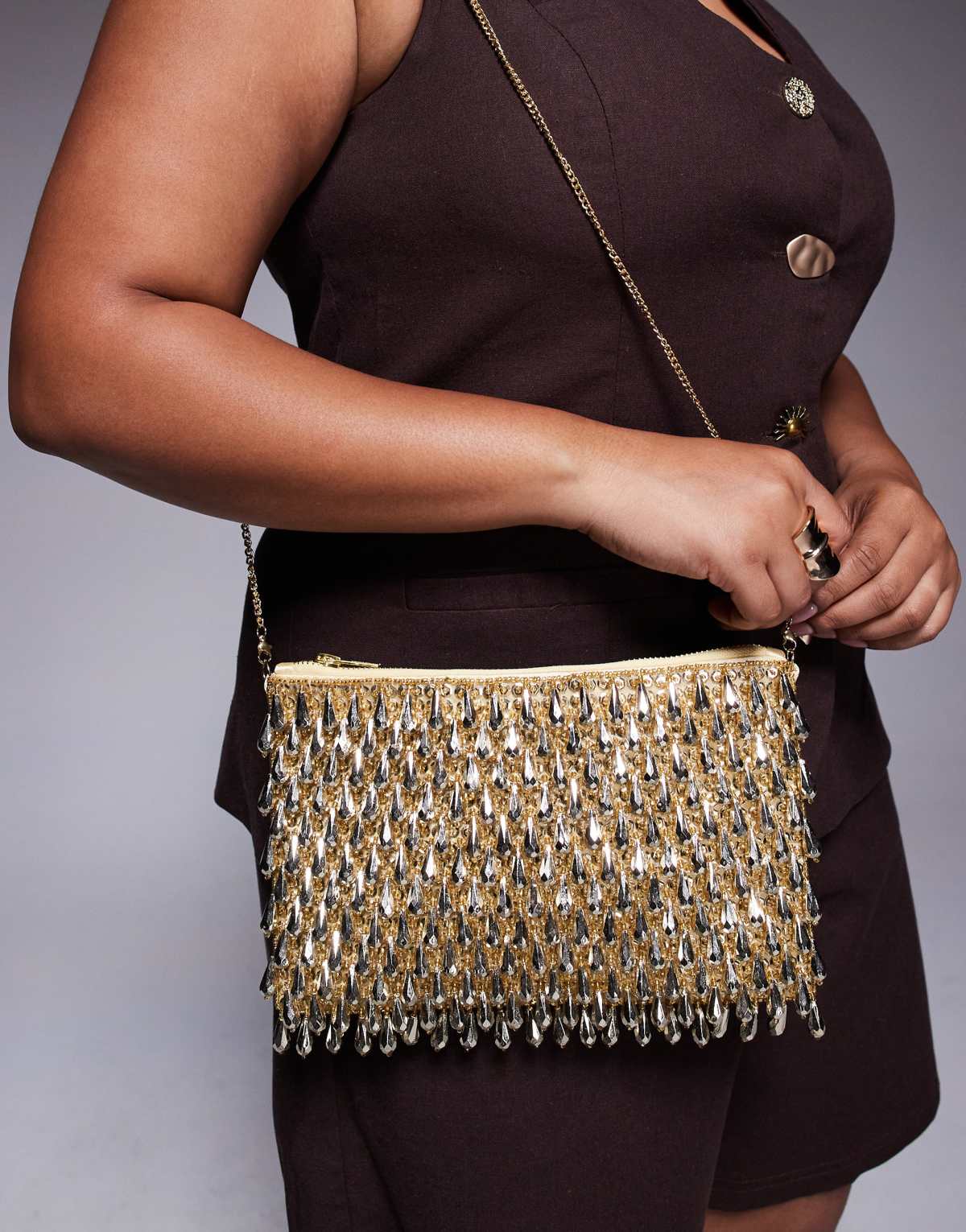 True Decadence beaded embellished clutch bag in gold