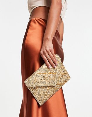 True Decadence beaded envelope clutch bag in gold - ASOS Price Checker