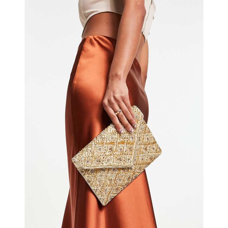 True Decadence embellished beaded envelope clutch bag in light gray