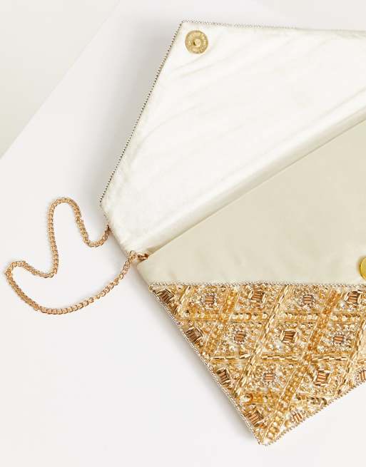 ASOS DESIGN beaded clutch bag in off white and gold