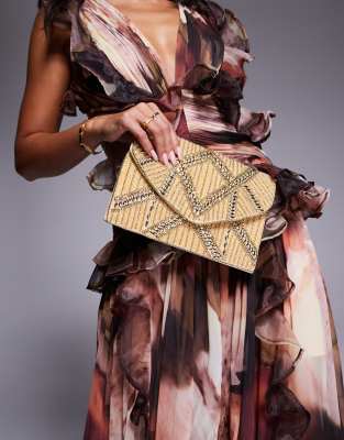 beaded envelope clutch with crossbody strap in gold