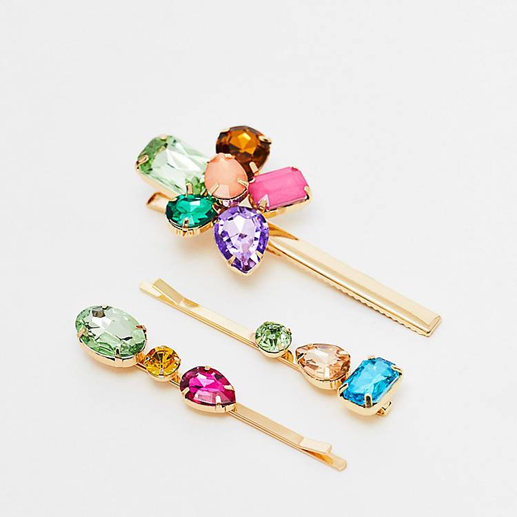 True Decadence Bejeweled Pack of 3 Hair Clips in Multi-Gold