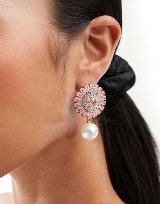True Decadence bejewelled circle earrings with pearl drop in multi