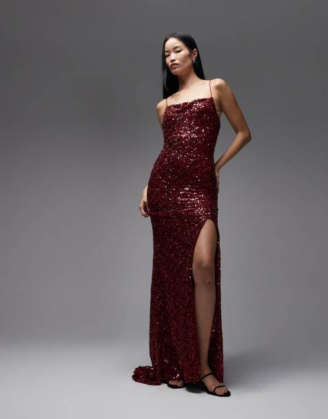 True Decadence Bias cut maxi dress with tie back in wine sequin - view 1
