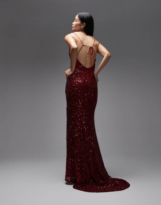 True Decadence Bias cut maxi dress with tie back in wine sequin, 2 of 4