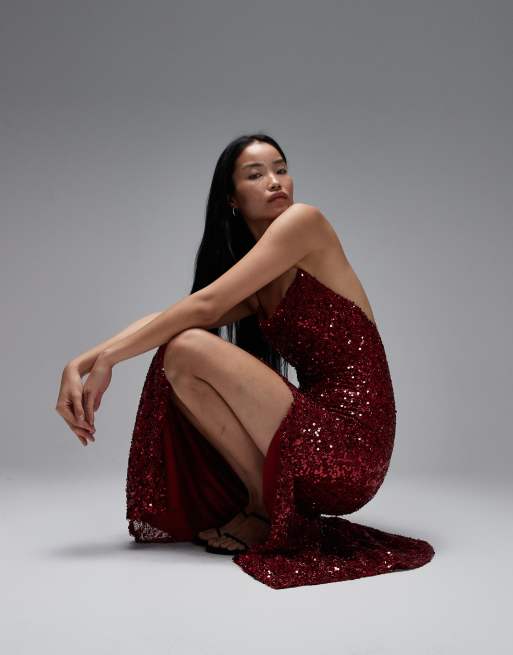 True Decadence Bias cut maxi dress with tie back in wine sequin, 3 of 4
